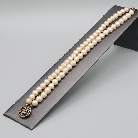 Double Strand Simulated Pearl Bracelet Gold Wash Over Sterling Hardware 6.5 in - Picture 3 of 7